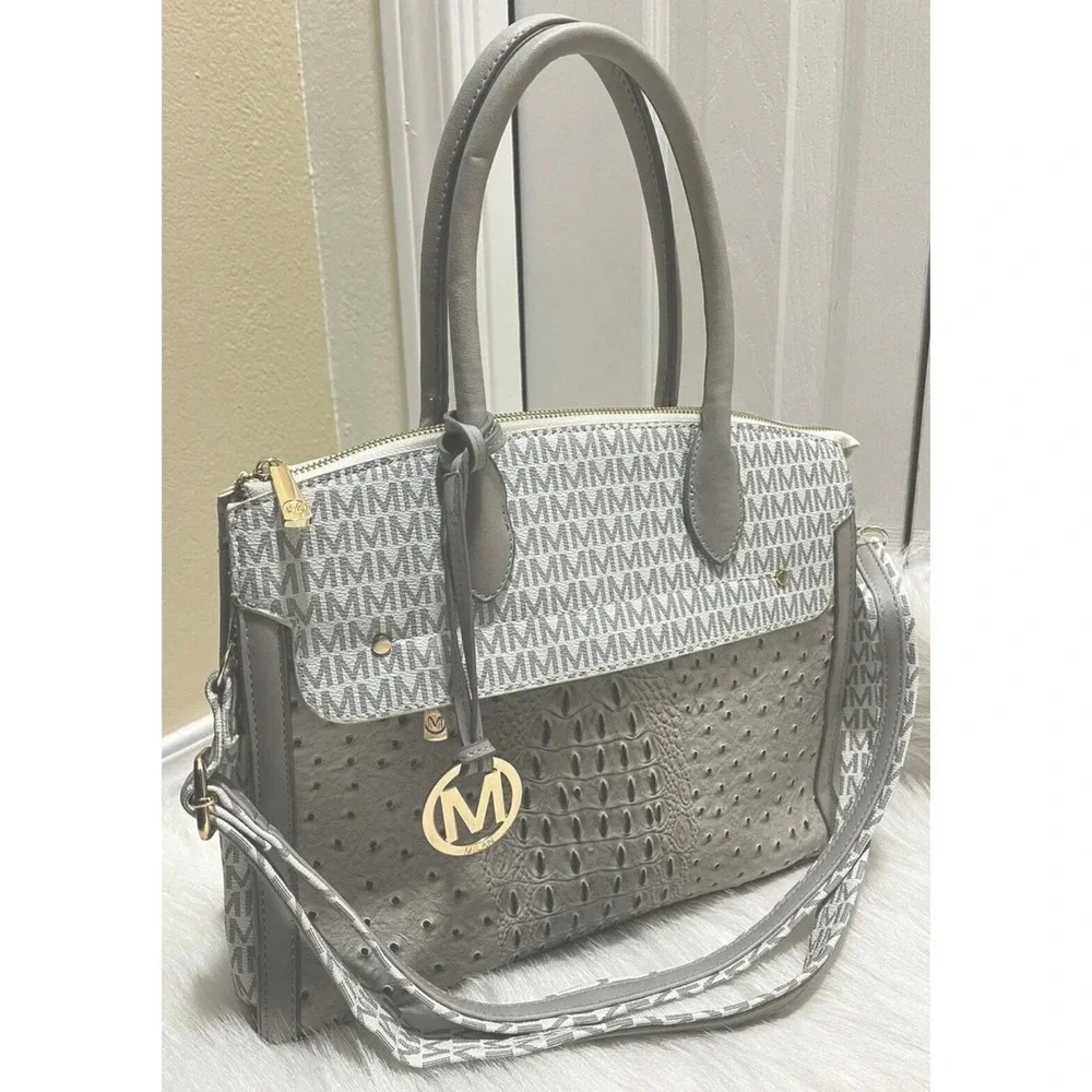 MFK Collection Reidy Gray Faux Leather Satchel Purse Shoulder Bag Crossbody Tote